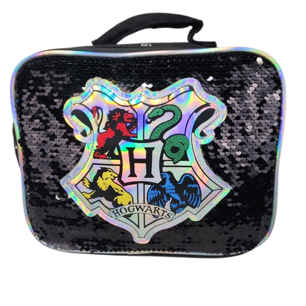 Harry Potter Hogwarts Crest Reversible Sequin Insulated Lunch Bag Tote Square